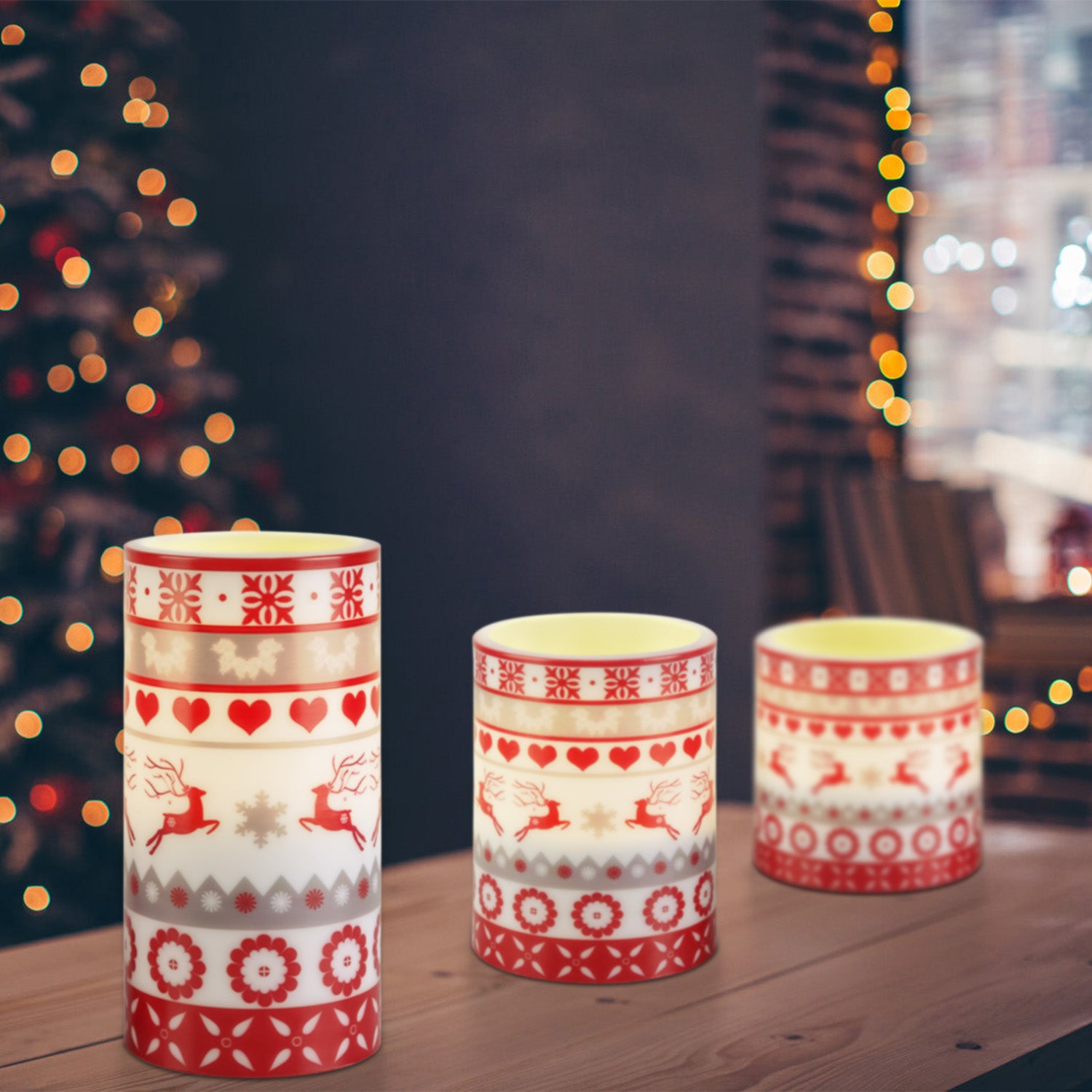 3Pack Christmas Flameless LED Candles Deer Flickering Candle Lights Pillar Candles With 3 Lighting Modes Timer Remote Control