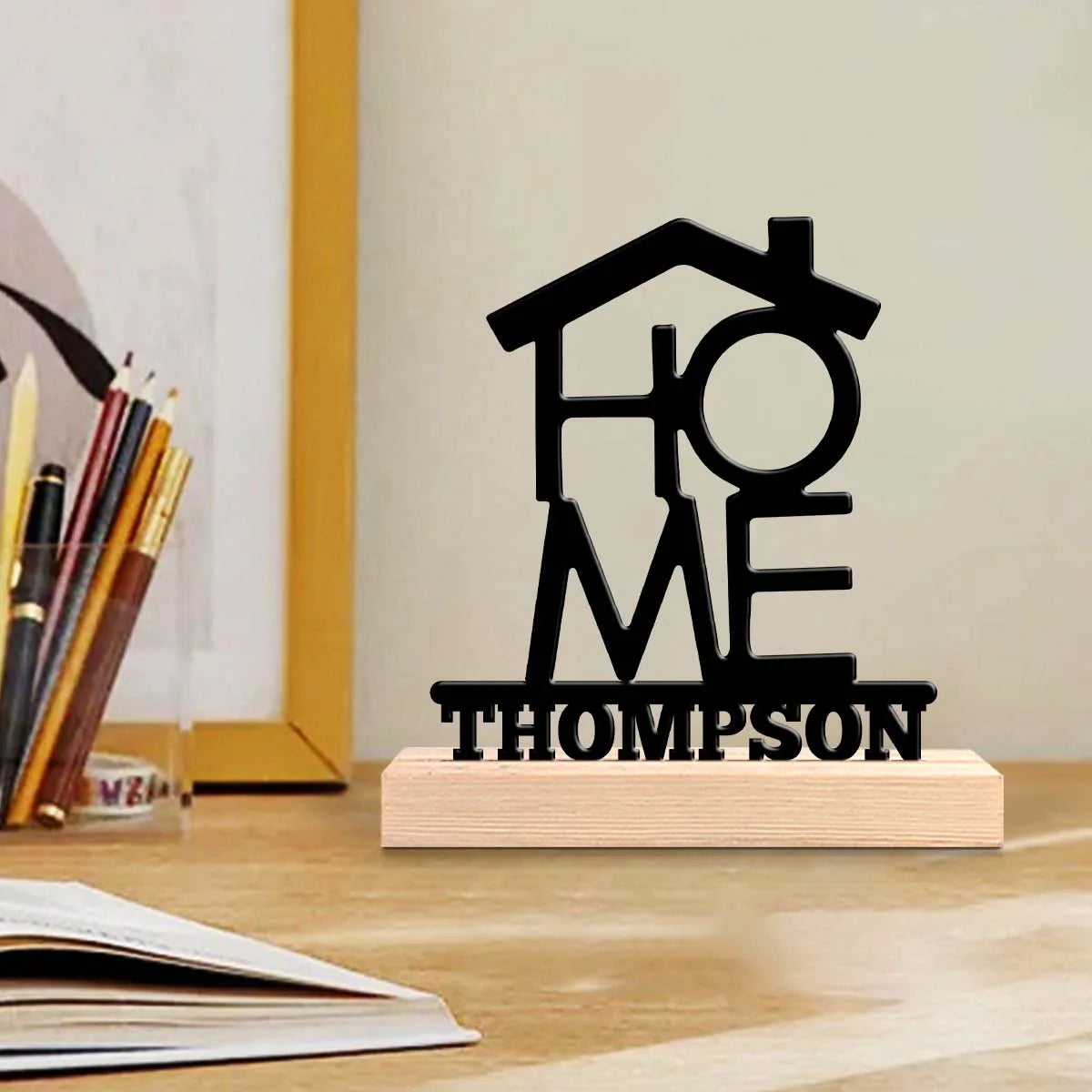 1Pc Csutom Home House Shape Wooden Base Metal Art Ornament,Home Office Hotel Cafe Club Decor,Ideal Gift for Family Friends