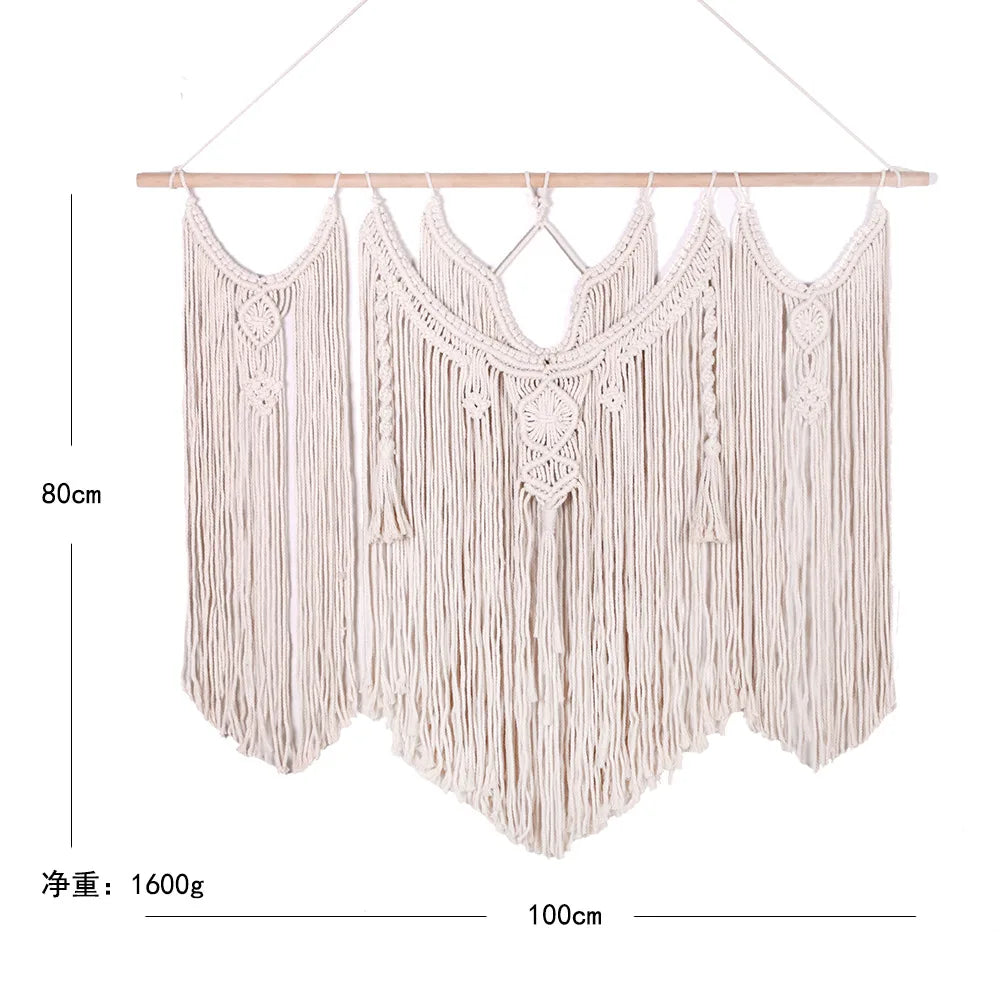 Large Macrame Wall Hanging Tapestry with Wooden Stick Hand-Woven Bohemia Tassel Curtain Tapestry Wedding Backgrou Boho Decor