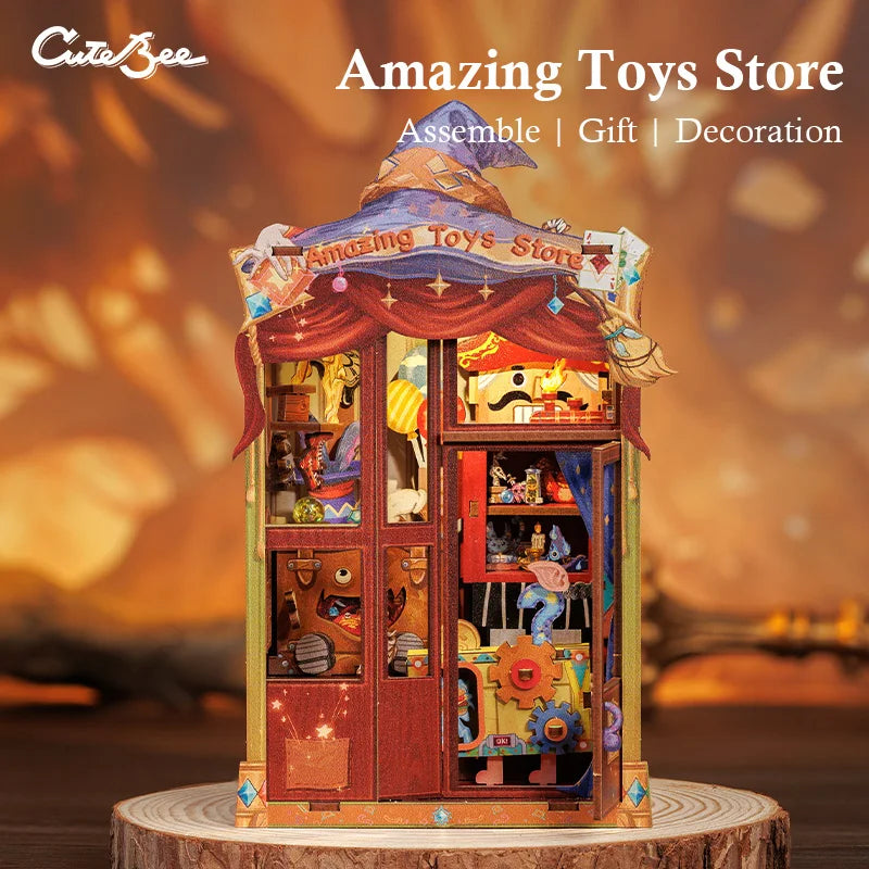 CUTEBEE Bookstore Book Nook with Light DIY Miniature Wooden Dollhouse for Decor Gift Bookshelf Insert Kit 3D Puzzle