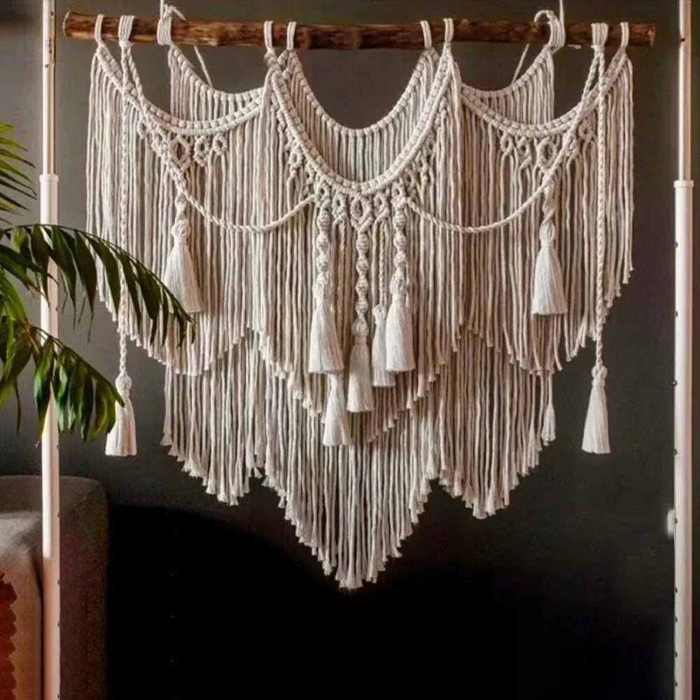 Large Macrame Wall Hanging Tapestry with Wooden Stick Hand-Woven Bohemia Tassel Curtain Tapestry Wedding Backgrou Boho Decor