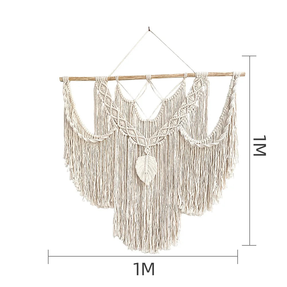 Large Macrame Wall Hanging Tapestry with Wooden Stick Hand-Woven Bohemia Tassel Curtain Tapestry Wedding Backgrou Boho Decor