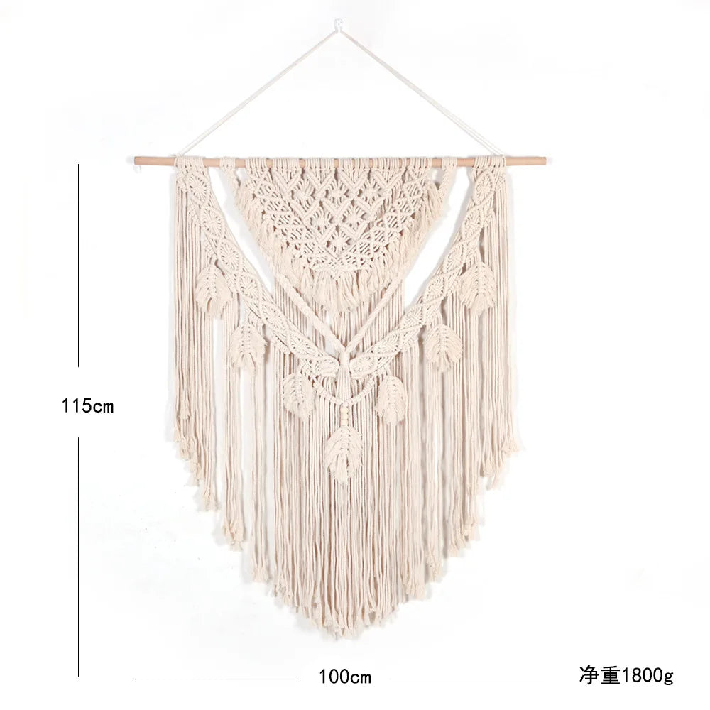 Large Macrame Wall Hanging Tapestry with Wooden Stick Hand-Woven Bohemia Tassel Curtain Tapestry Wedding Backgrou Boho Decor