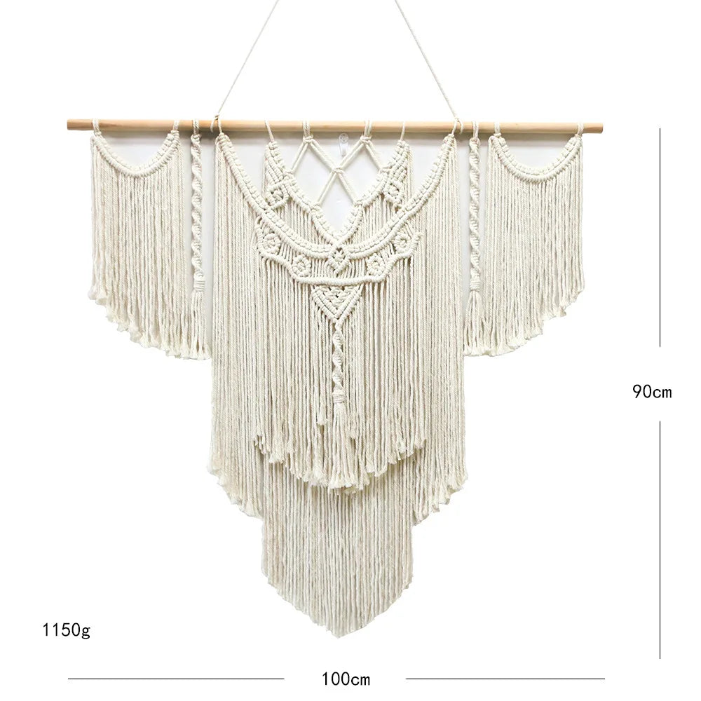 Large Macrame Wall Hanging Tapestry with Wooden Stick Hand-Woven Bohemia Tassel Curtain Tapestry Wedding Backgrou Boho Decor