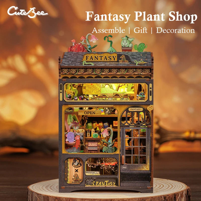 CUTEBEE Bookstore Book Nook with Light DIY Miniature Wooden Dollhouse for Decor Gift Bookshelf Insert Kit 3D Puzzle