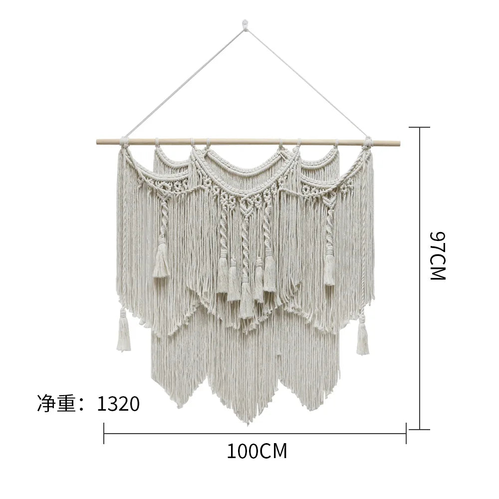 Large Macrame Wall Hanging Tapestry with Wooden Stick Hand-Woven Bohemia Tassel Curtain Tapestry Wedding Backgrou Boho Decor