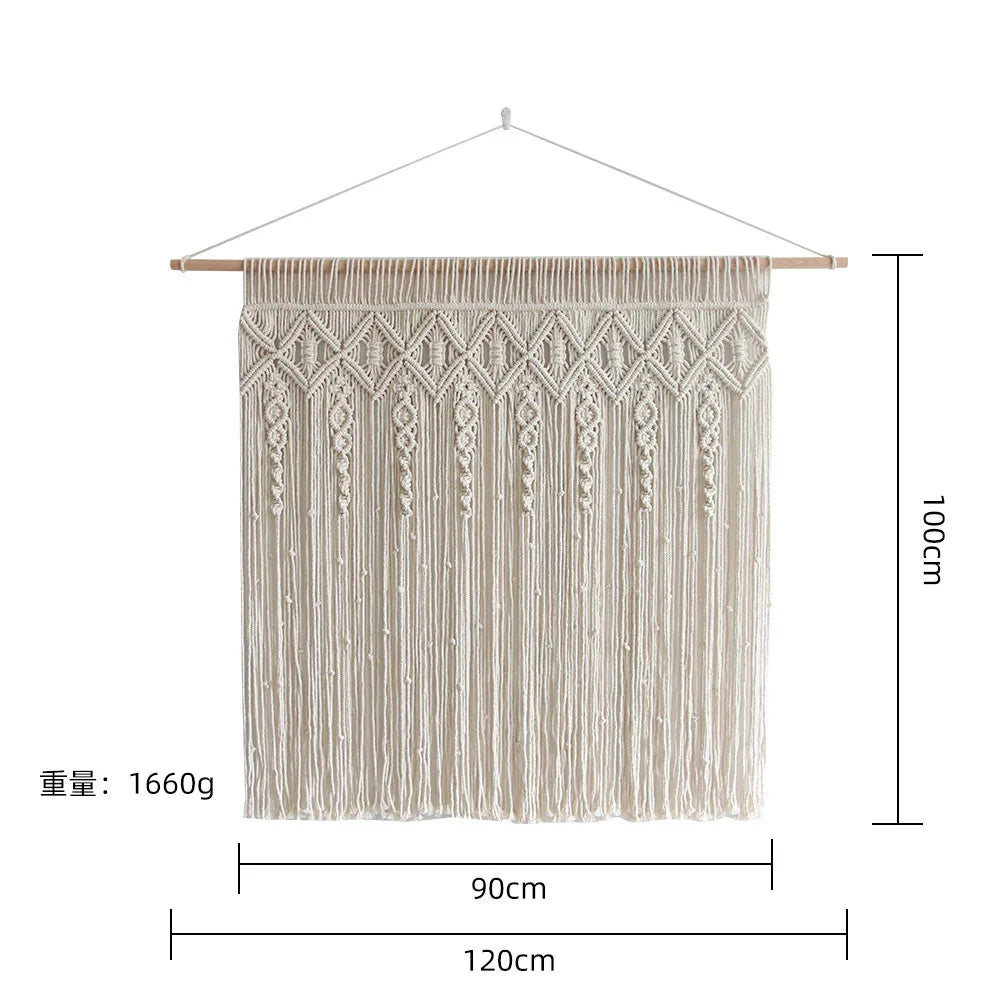 Large Macrame Wall Hanging Tapestry with Wooden Stick Hand-Woven Bohemia Tassel Curtain Tapestry Wedding Backgrou Boho Decor