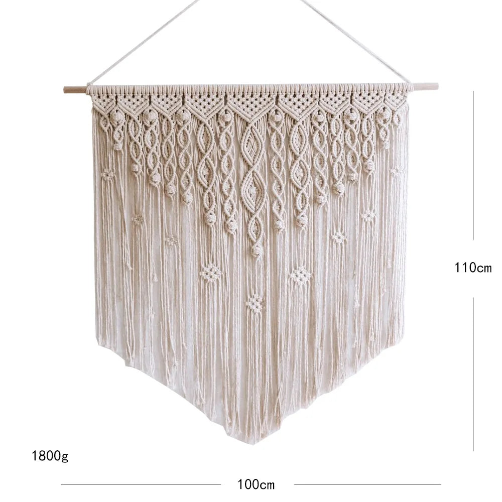 Large Macrame Wall Hanging Tapestry with Wooden Stick Hand-Woven Bohemia Tassel Curtain Tapestry Wedding Backgrou Boho Decor
