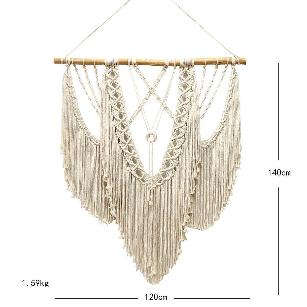 Large Macrame Wall Hanging Tapestry with Wooden Stick Hand-Woven Bohemia Tassel Curtain Tapestry Wedding Backgrou Boho Decor