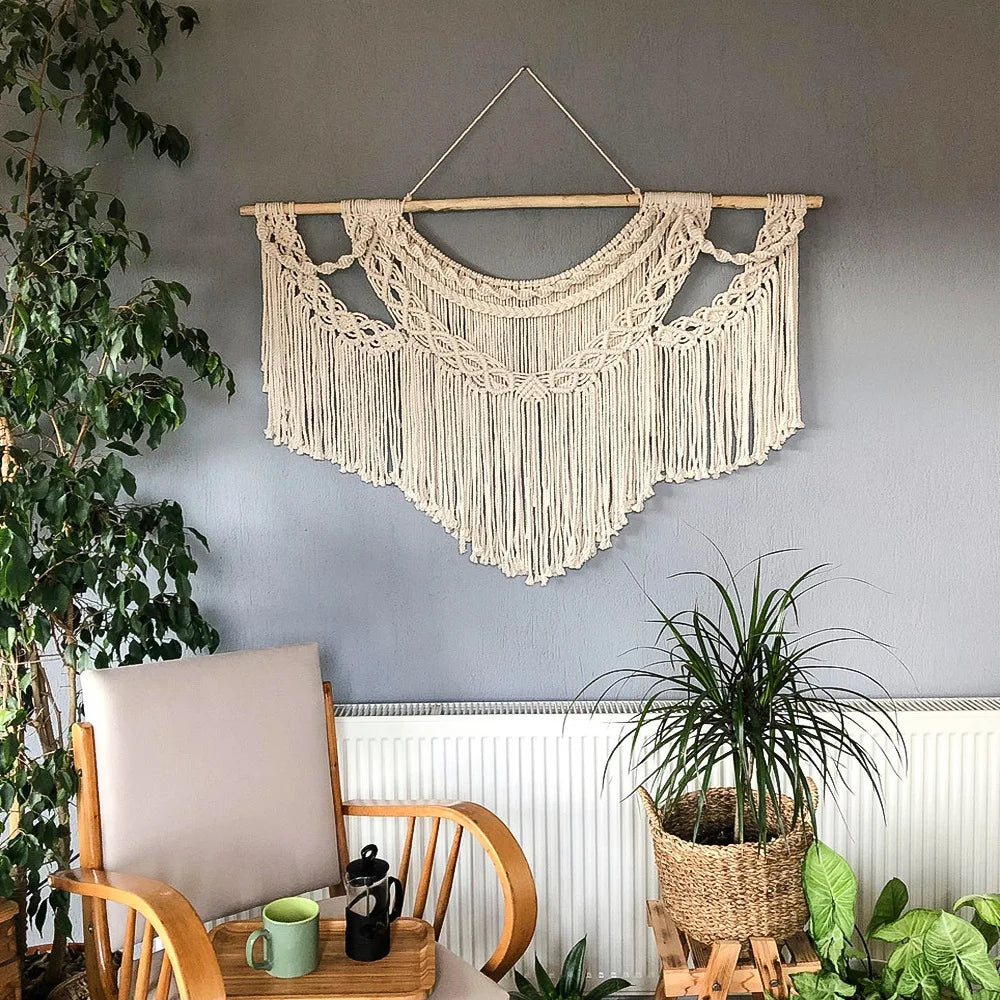 Large Macrame Wall Hanging Tapestry with Wooden Stick Hand-Woven Bohemia Tassel Curtain Tapestry Wedding Backgrou Boho Decor