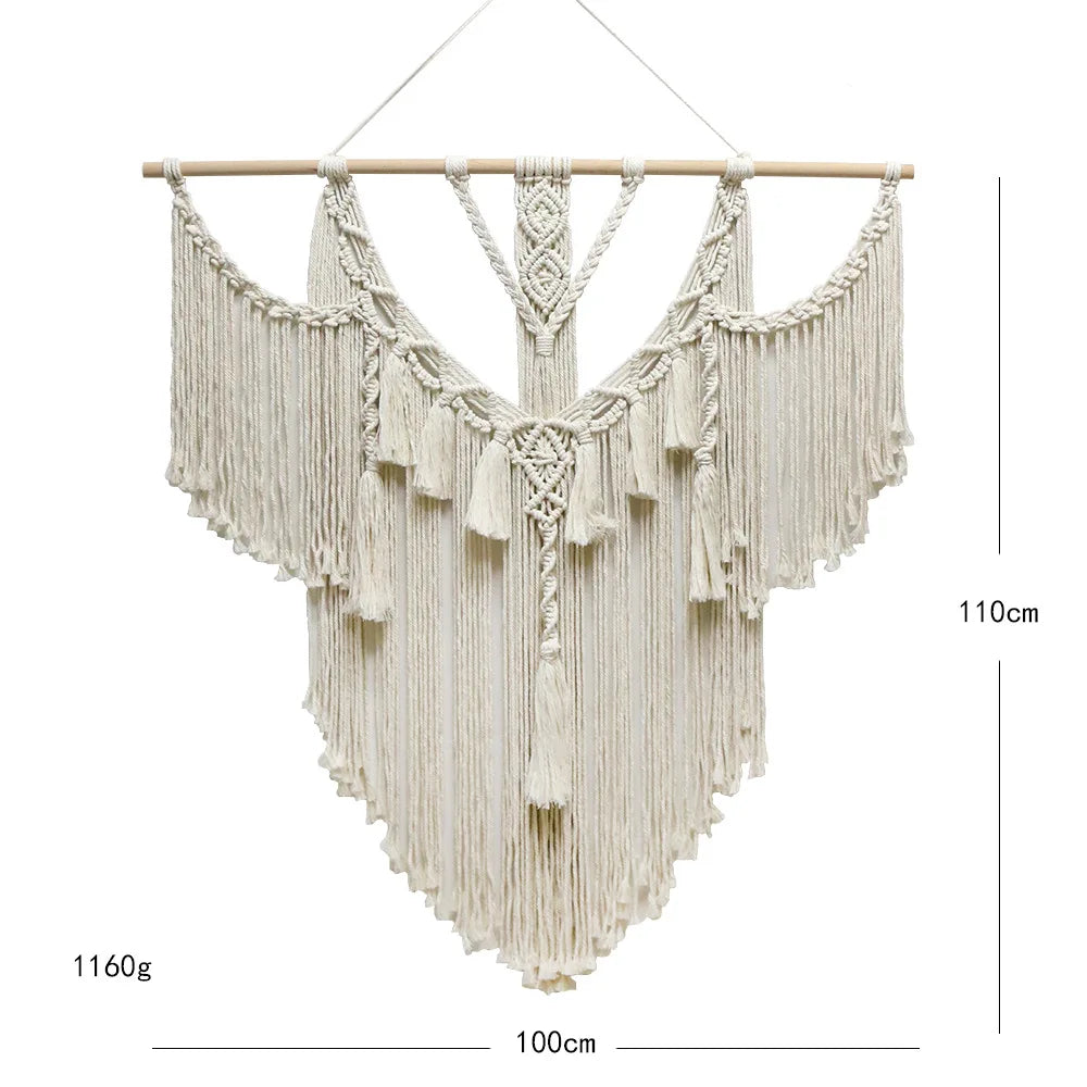 Large Macrame Wall Hanging Tapestry with Wooden Stick Hand-Woven Bohemia Tassel Curtain Tapestry Wedding Backgrou Boho Decor