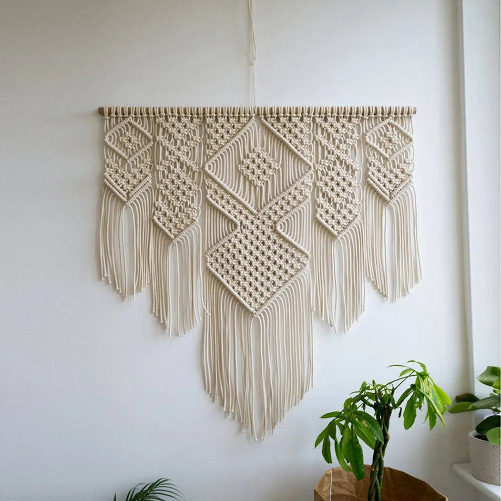 Large Macrame Wall Hanging Tapestry with Wooden Stick Hand-Woven Bohemia Tassel Curtain Tapestry Wedding Backgrou Boho Decor